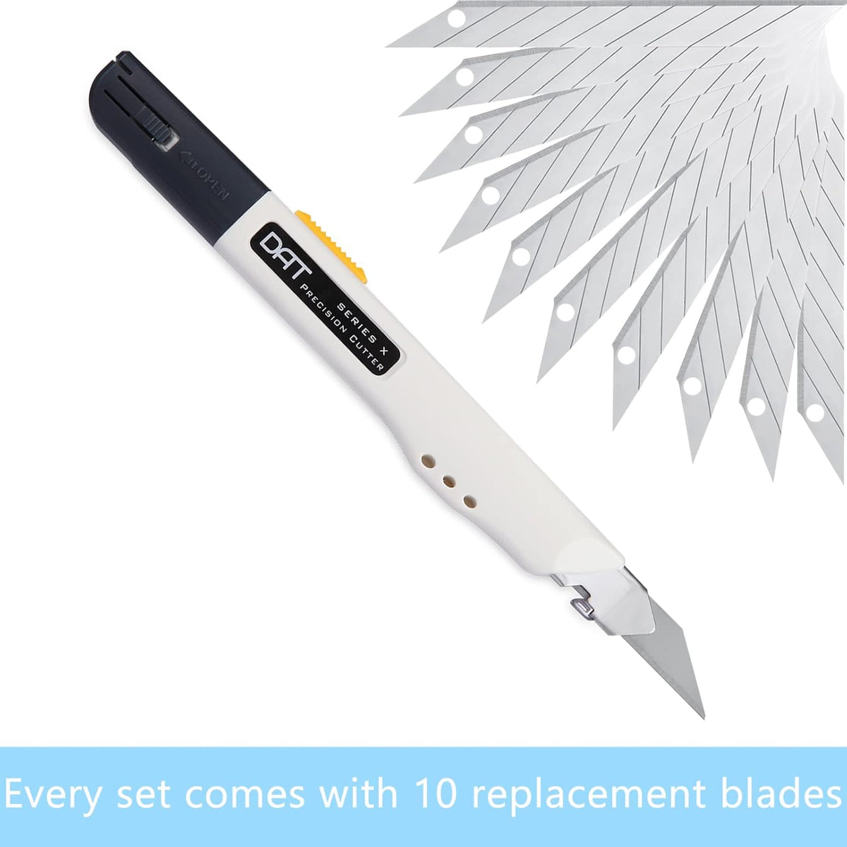 Utility Knife, Series-X Portable Box Cutter, Fine Point Arts and Crafts Blade for Precision Cutting, with 10 Blade Pieces (White, 1 Cutter 10 Blades)