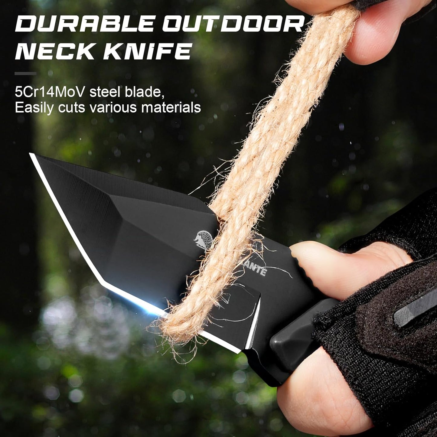 3.07" Neck Knife with Sheath X-TAN-K, Horizontal Carry Knife with Full Tang Tanto 5Cr14MoV Steel Blade, for EDC, Camping, Hiking