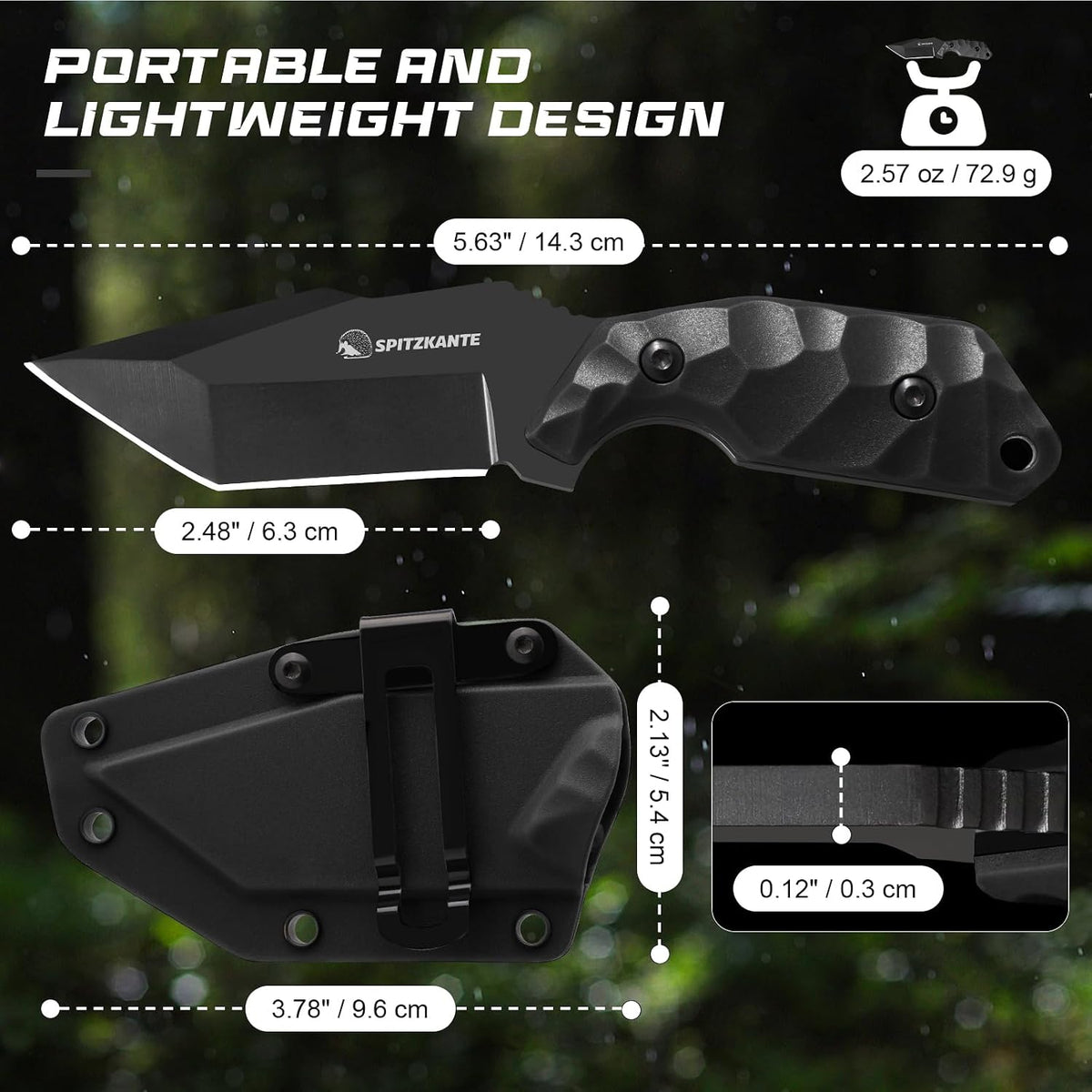 3.07" Neck Knife with Sheath X-TAN-K, Horizontal Carry Knife with Full Tang Tanto 5Cr14MoV Steel Blade, for EDC, Camping, Hiking