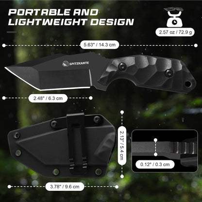 3.07" Neck Knife with Sheath X-TAN-K, Horizontal Carry Knife with Full Tang Tanto 5Cr14MoV Steel Blade, for EDC, Camping, Hiking
