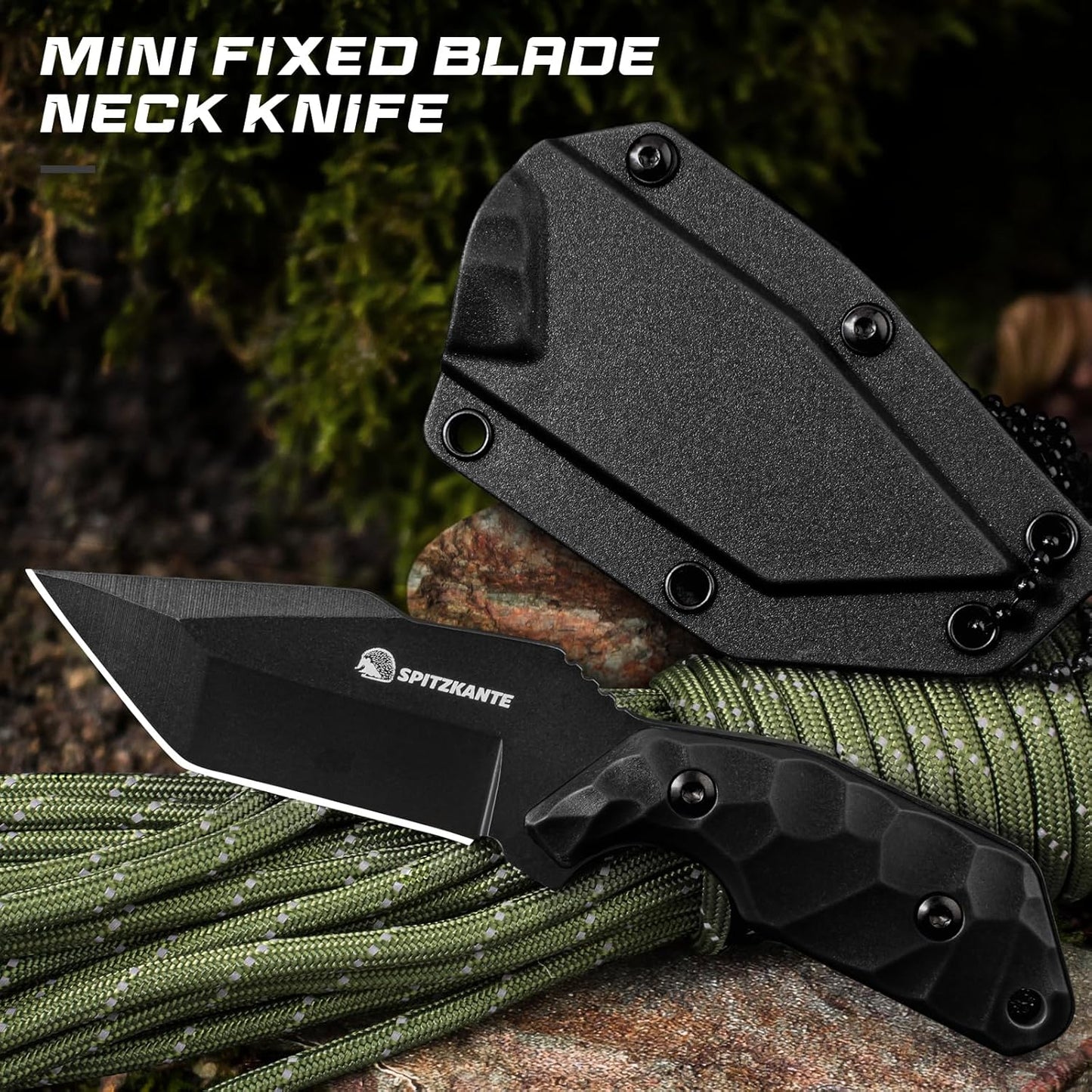 3.07" Neck Knife with Sheath X-TAN-K, Horizontal Carry Knife with Full Tang Tanto 5Cr14MoV Steel Blade, for EDC, Camping, Hiking