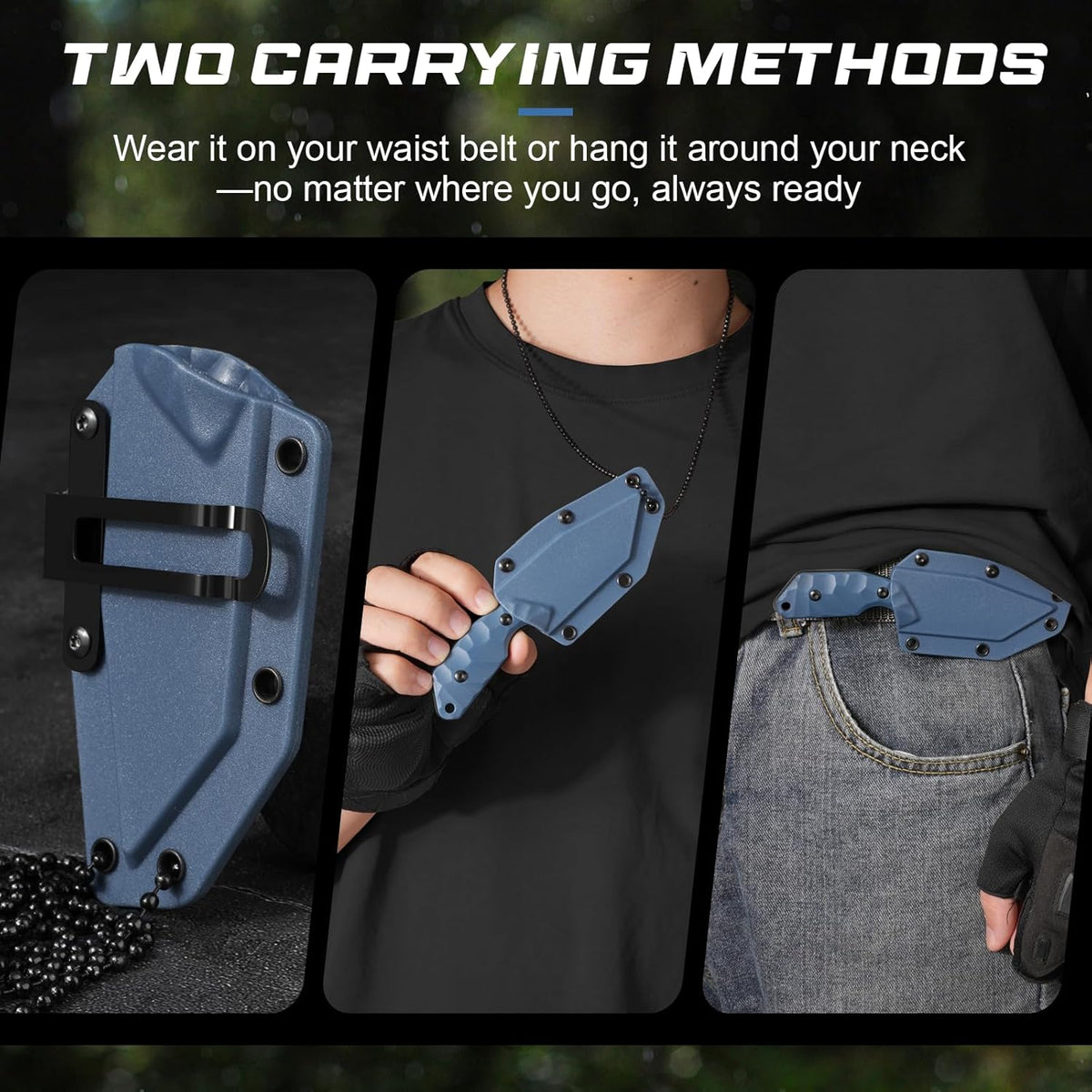 3.07" Neck Knife with Sheath X-TAN-K, Horizontal Carry Knife with Full Tang Tanto 5Cr14MoV Steel Blade, for EDC, Camping, Hiking
