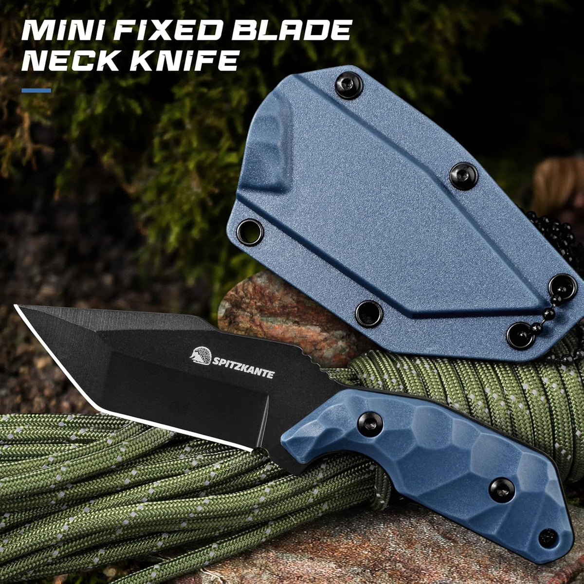 3.07" Neck Knife with Sheath X-TAN-K, Horizontal Carry Knife with Full Tang Tanto 5Cr14MoV Steel Blade, for EDC, Camping, Hiking