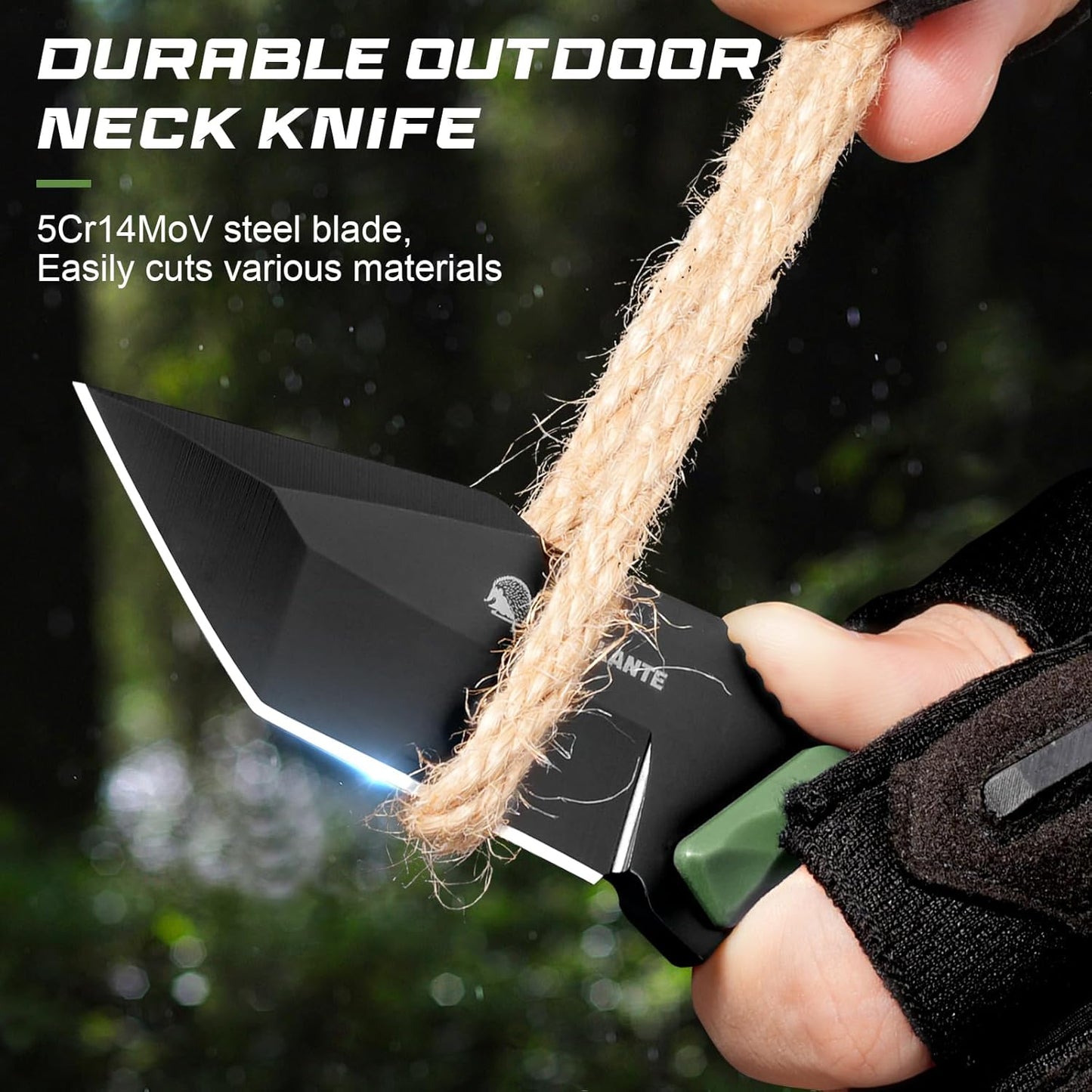 3.07" Neck Knife with Sheath X-TAN-K, Horizontal Carry Knife with Full Tang Tanto 5Cr14MoV Steel Blade, for EDC, Camping, Hiking