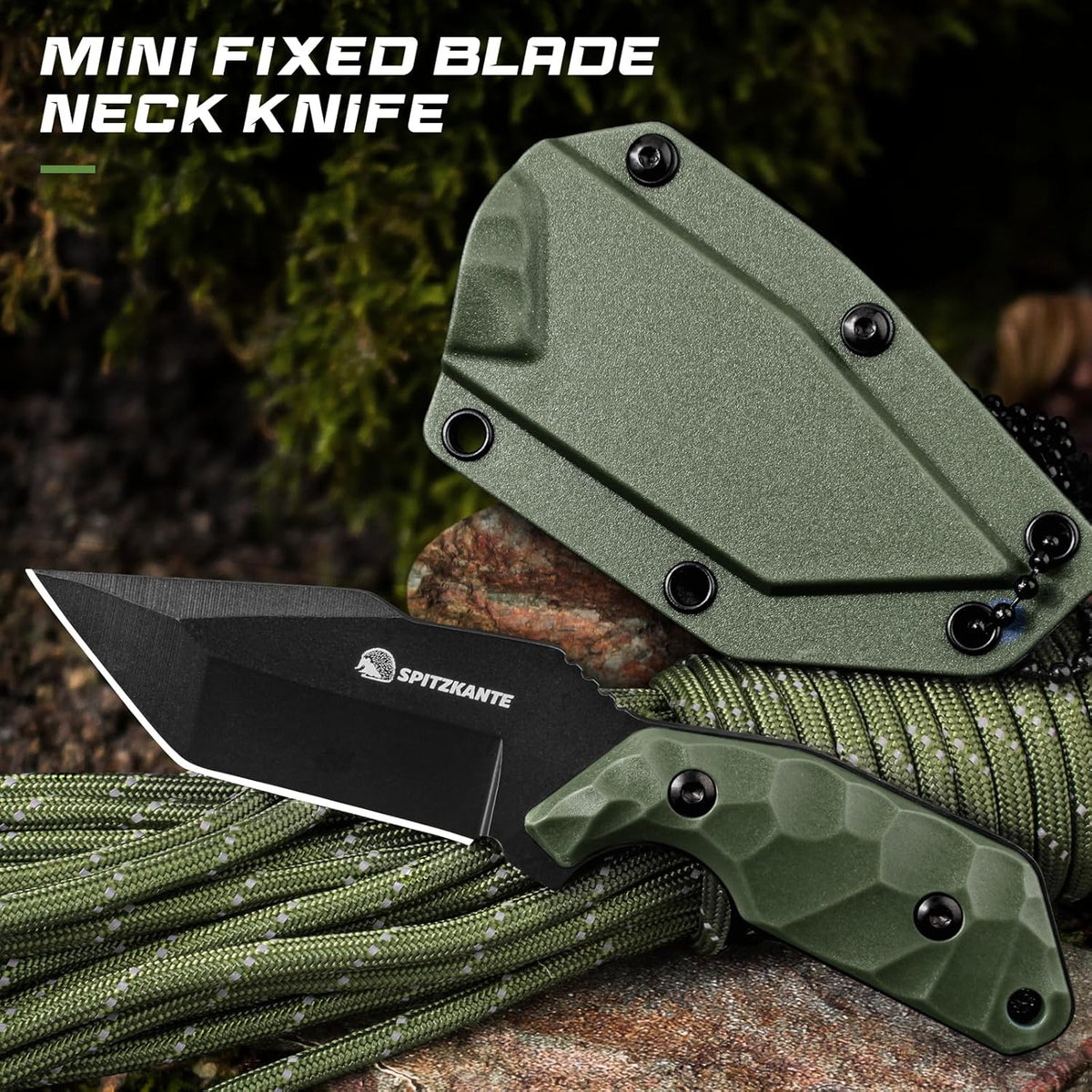 3.07" Neck Knife with Sheath X-TAN-K, Horizontal Carry Knife with Full Tang Tanto 5Cr14MoV Steel Blade, for EDC, Camping, Hiking