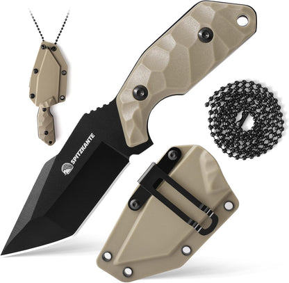 3.07" Neck Knife with Sheath X-TAN-K, Horizontal Carry Knife with Full Tang Tanto 5Cr14MoV Steel Blade, for EDC, Camping, Hiking
