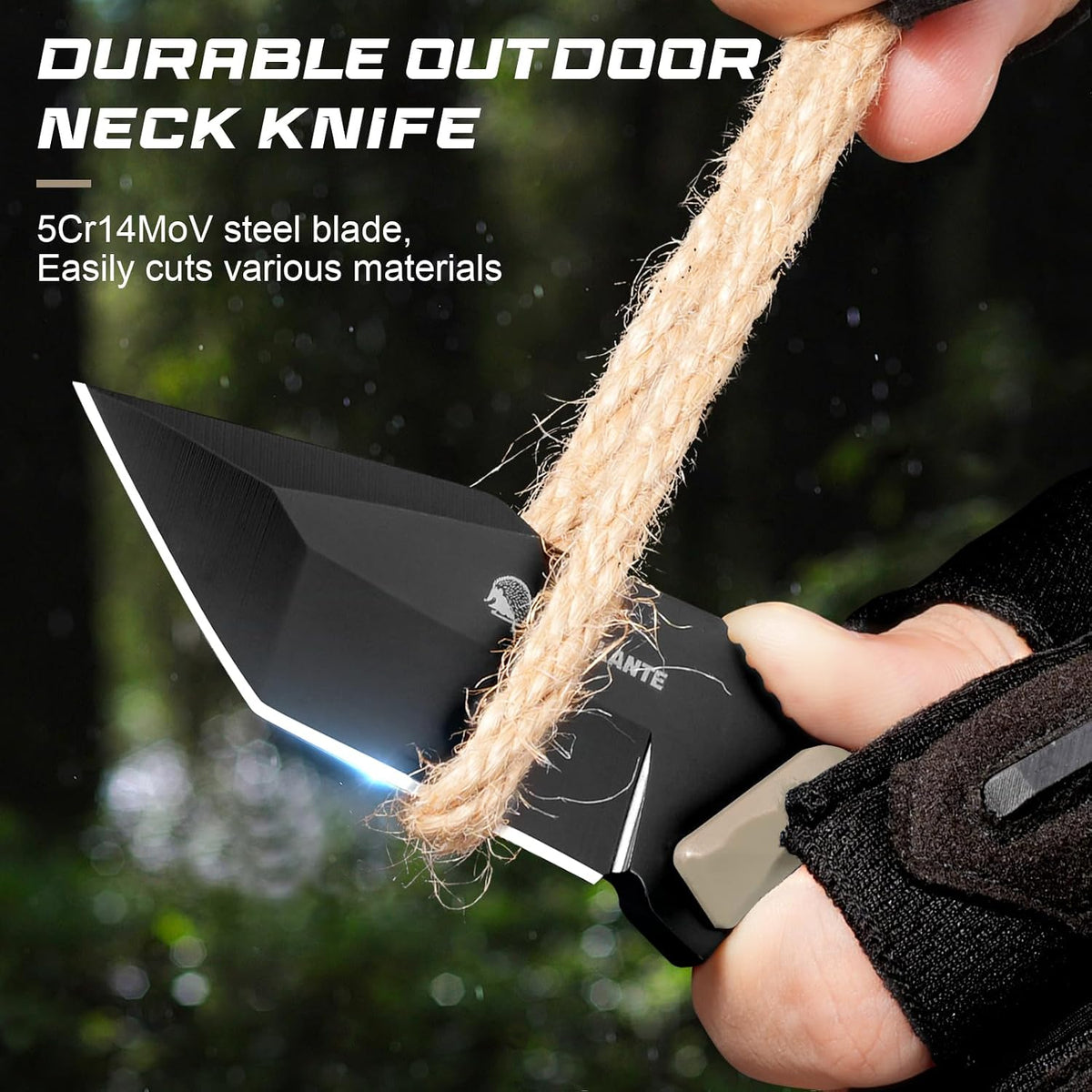 3.07" Neck Knife with Sheath X-TAN-K, Horizontal Carry Knife with Full Tang Tanto 5Cr14MoV Steel Blade, for EDC, Camping, Hiking