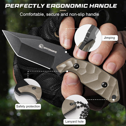 3.07" Neck Knife with Sheath X-TAN-K, Horizontal Carry Knife with Full Tang Tanto 5Cr14MoV Steel Blade, for EDC, Camping, Hiking