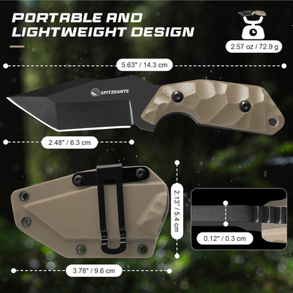 3.07" Neck Knife with Sheath X-TAN-K, Horizontal Carry Knife with Full Tang Tanto 5Cr14MoV Steel Blade, for EDC, Camping, Hiking