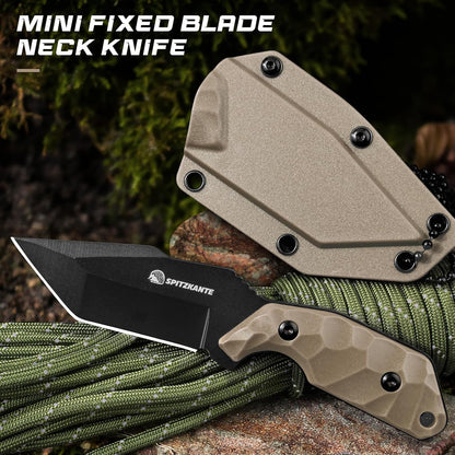 3.07" Neck Knife with Sheath X-TAN-K, Horizontal Carry Knife with Full Tang Tanto 5Cr14MoV Steel Blade, for EDC, Camping, Hiking