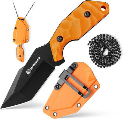 3.07" Neck Knife with Sheath X-TAN-K, Horizontal Carry Knife with Full Tang Tanto 5Cr14MoV Steel Blade, for EDC, Camping, Hiking