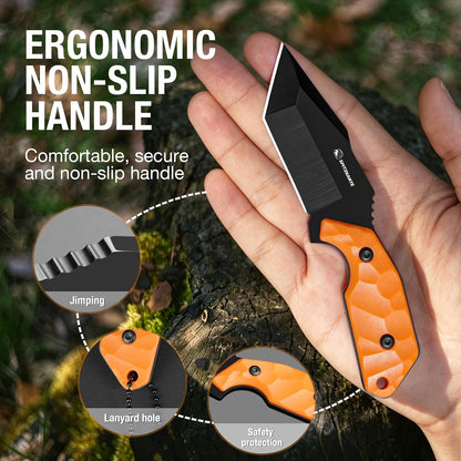 3.07" Neck Knife with Sheath X-TAN-K, Horizontal Carry Knife with Full Tang Tanto 5Cr14MoV Steel Blade, for EDC, Camping, Hiking
