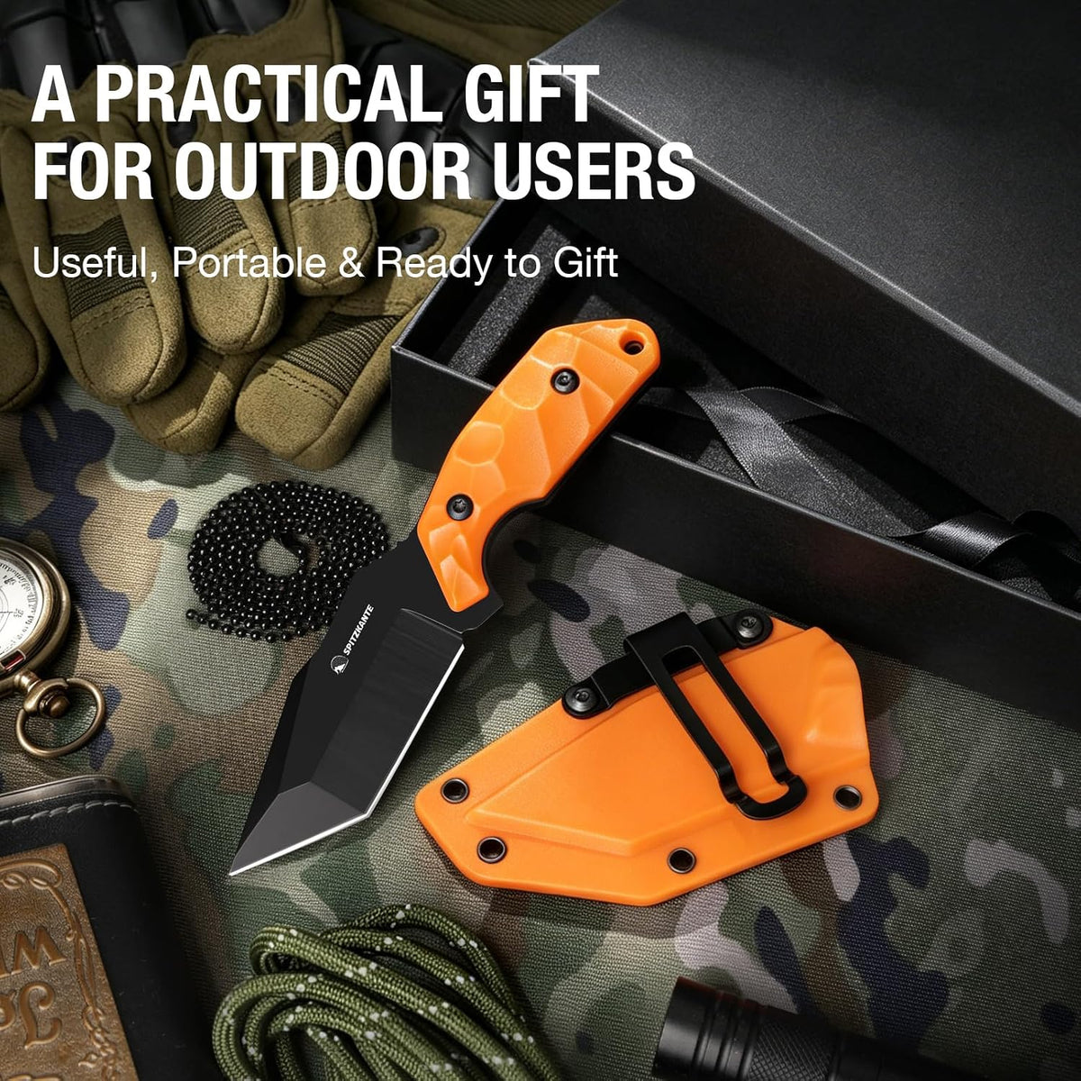 3.07" Neck Knife with Sheath X-TAN-K, Horizontal Carry Knife with Full Tang Tanto 5Cr14MoV Steel Blade, for EDC, Camping, Hiking