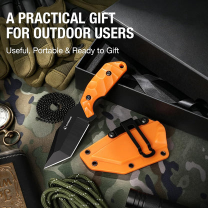 3.07" Neck Knife with Sheath X-TAN-K, Horizontal Carry Knife with Full Tang Tanto 5Cr14MoV Steel Blade, for EDC, Camping, Hiking