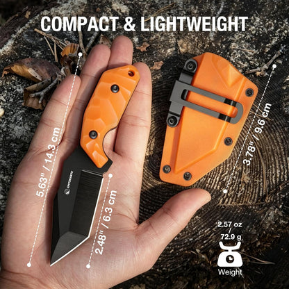 3.07" Neck Knife with Sheath X-TAN-K, Horizontal Carry Knife with Full Tang Tanto 5Cr14MoV Steel Blade, for EDC, Camping, Hiking