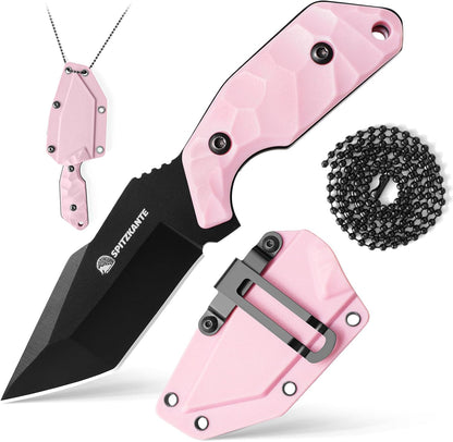 3.07" Neck Knife with Sheath X-TAN-K, Horizontal Carry Knife with Full Tang Tanto 5Cr14MoV Steel Blade, for EDC, Camping, Hiking