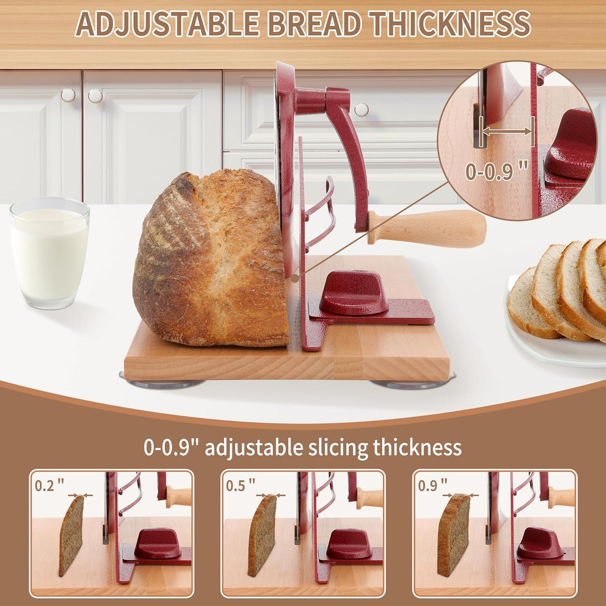 Manual Bread Slicer with Hand Crank- Adjustable Thickness Bread Cutter for Even Slices, Perfect for Homemade Sourdough, Sandwich, and More, Cream