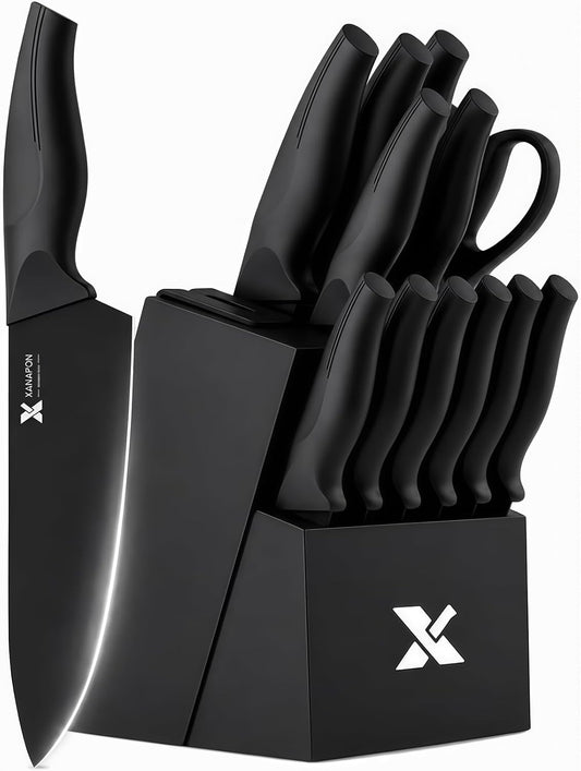 Knife Set, 14 Pieces Kitchen Knife Set, High Carbon German Stainless Steel, Dishwasher Safe Cutlery with Built-in Knife Sharpener, Black