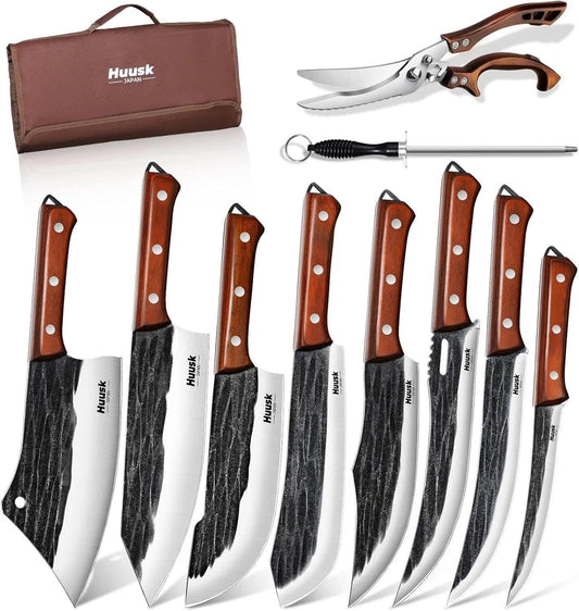 Huusk Butcher Knife Set, 10-Piece Hand Forged Chef Knife Set with Bag | Sharp Meat Cleaver & Bbq Carving Knives & Boning Breaking Knives for Kitchen & Camping, Gifts for Men Women