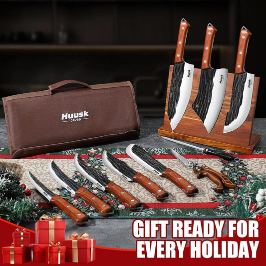 Huusk Butcher Knife Set, 10-Piece Hand Forged Chef Knife Set with Bag | Sharp Meat Cleaver & Bbq Carving Knives & Boning Breaking Knives for Kitchen & Camping, Gifts for Men Women