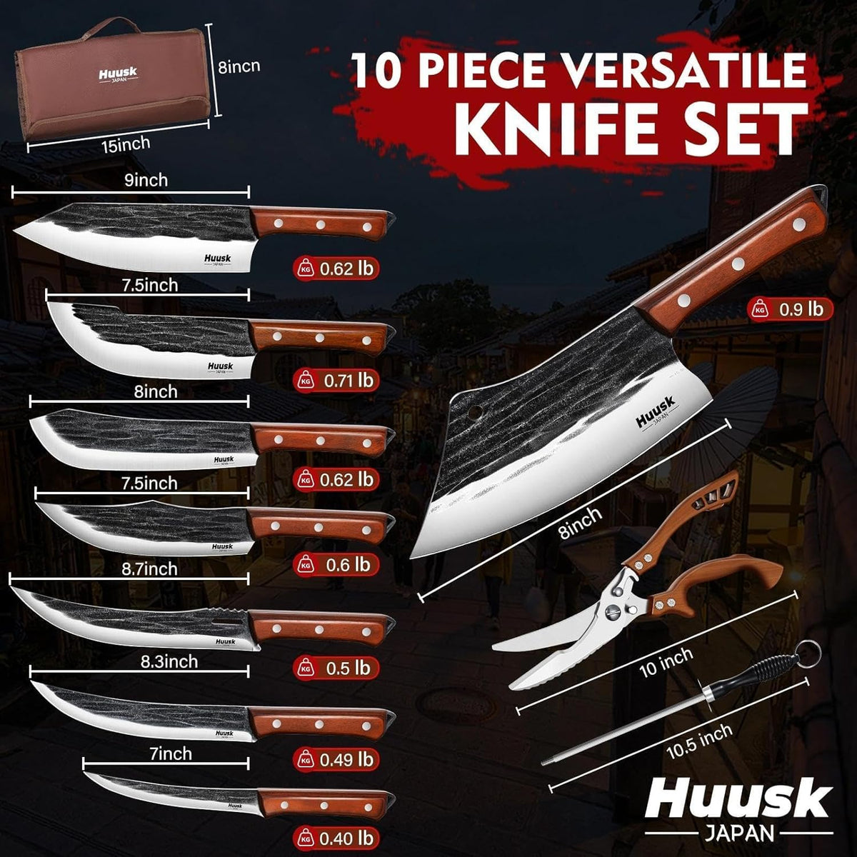 Huusk Butcher Knife Set, 10-Piece Hand Forged Chef Knife Set with Bag | Sharp Meat Cleaver & Bbq Carving Knives & Boning Breaking Knives for Kitchen & Camping, Gifts for Men Women