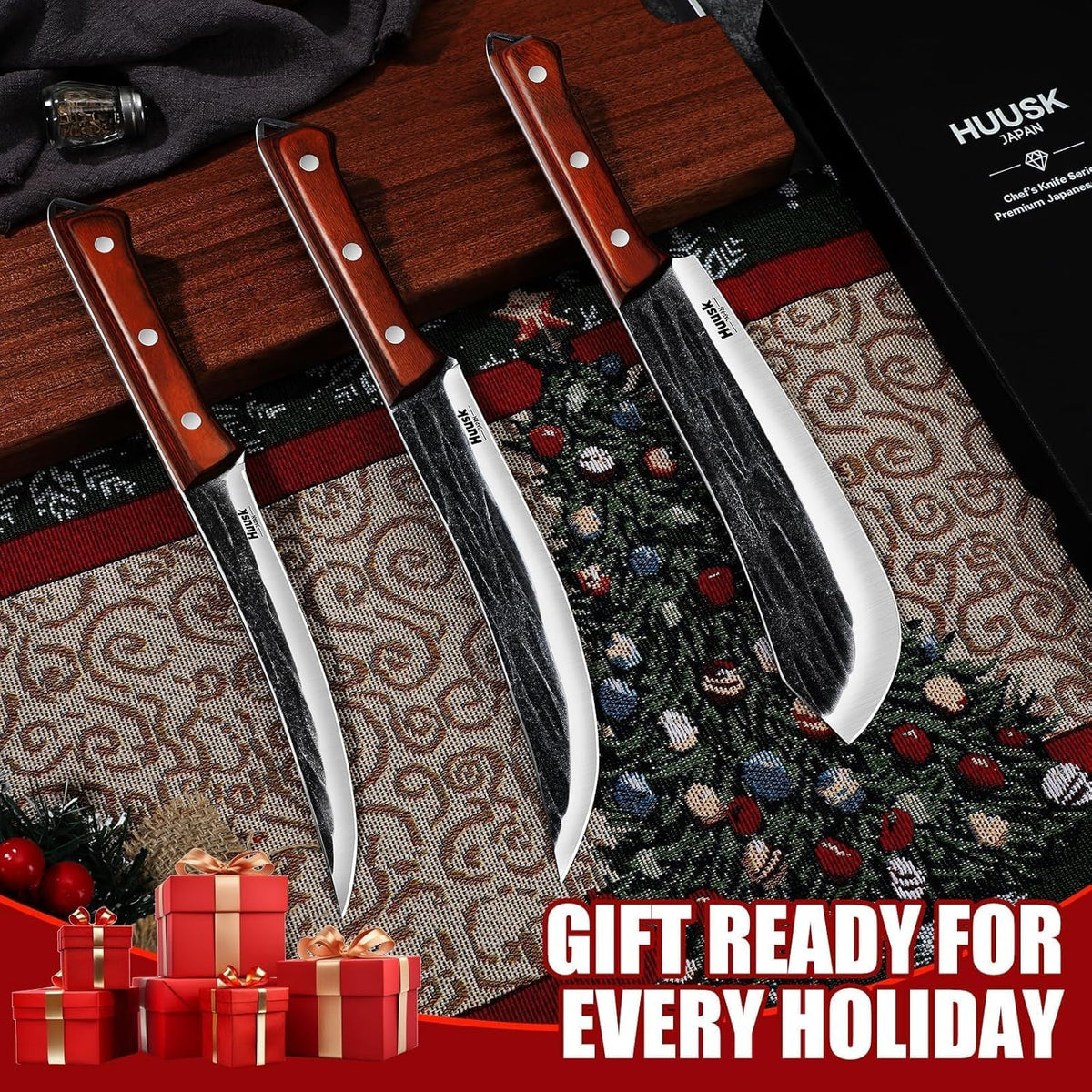 Huusk Butcher Knife Set, 10-Piece Hand Forged Chef Knife Set with Bag | Sharp Meat Cleaver & Bbq Carving Knives & Boning Breaking Knives for Kitchen & Camping, Gifts for Men Women