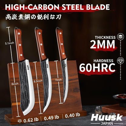 Huusk Butcher Knife Set, 10-Piece Hand Forged Chef Knife Set with Bag | Sharp Meat Cleaver & Bbq Carving Knives & Boning Breaking Knives for Kitchen & Camping, Gifts for Men Women