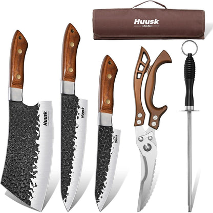 Huusk Butcher Knife Set, 10-Piece Hand Forged Chef Knife Set with Bag | Sharp Meat Cleaver & Bbq Carving Knives & Boning Breaking Knives for Kitchen & Camping, Gifts for Men Women