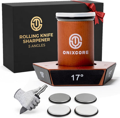 Rolling Knife Sharpener Kit, 5-Angle Magnetic Knife Sharpener Roller with 4 Diamond & Ceramic Discs, Gloves Included, Manual Guided Knife Sharpening Kit for Kitchen, Japanese, Pocket & Hunting Knives