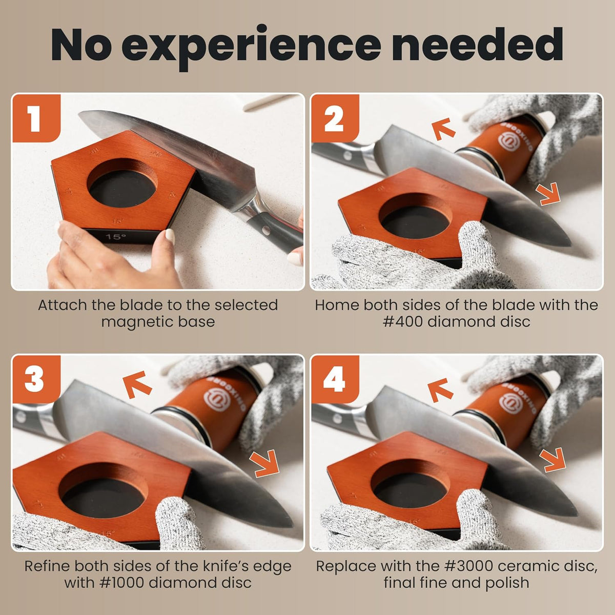 Rolling Knife Sharpener Kit, 5-Angle Magnetic Knife Sharpener Roller with 4 Diamond & Ceramic Discs, Gloves Included, Manual Guided Knife Sharpening Kit for Kitchen, Japanese, Pocket & Hunting Knives