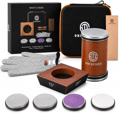 Rolling Knife Sharpener Kit, 5-Angle Magnetic Knife Sharpener Roller with 4 Diamond & Ceramic Discs, Gloves Included, Manual Guided Knife Sharpening Kit for Kitchen, Japanese, Pocket & Hunting Knives