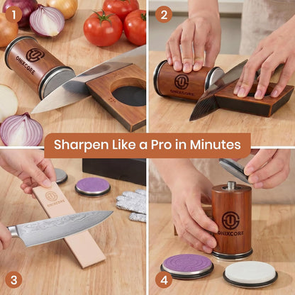 Rolling Knife Sharpener Kit, 5-Angle Magnetic Knife Sharpener Roller with 4 Diamond & Ceramic Discs, Gloves Included, Manual Guided Knife Sharpening Kit for Kitchen, Japanese, Pocket & Hunting Knives
