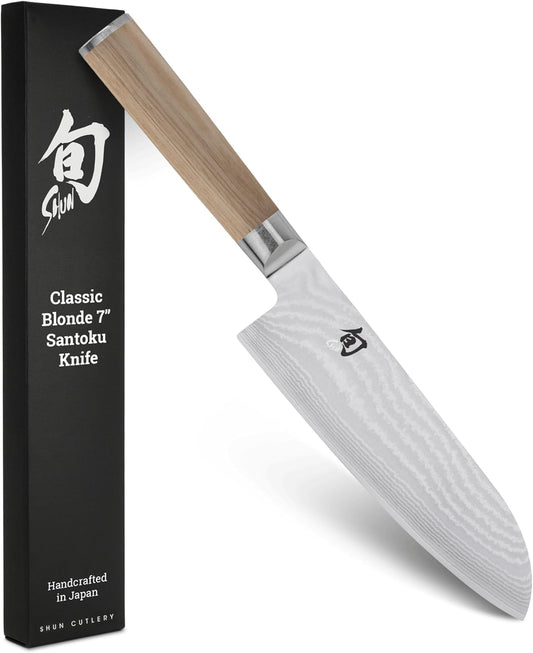Classic Blonde 7" Santoku Knife | Handcrafted Japanese All Purpose Knife, VG-MAX Core, Damascus Stainless Steel Cladding, Pakkawood Handle