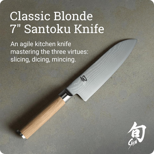 Classic Blonde 7" Santoku Knife | Handcrafted Japanese All Purpose Knife, VG-MAX Core, Damascus Stainless Steel Cladding, Pakkawood Handle