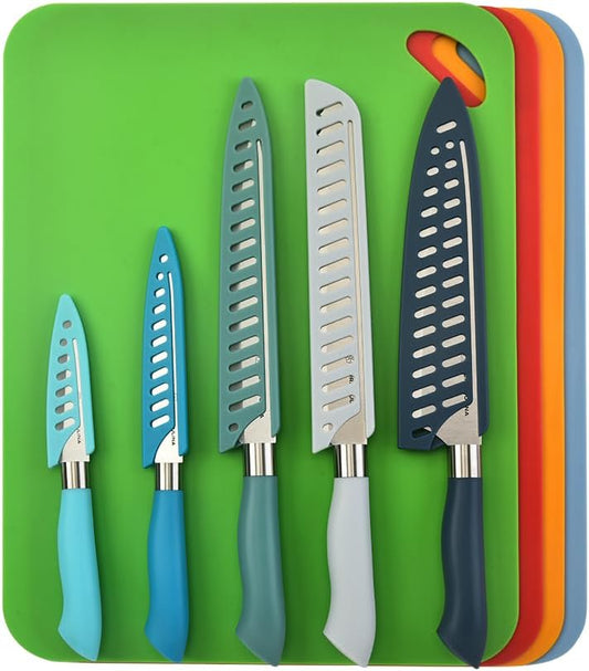14-Piece Color-Coded Knife & Cutting Board Set – Razor-Sharp Stainless Steel Blades with Blade Guards, 4 Multi-Color Flexible Cutting Mats