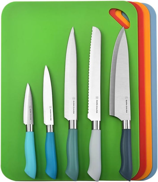 14-Piece Color-Coded Knife & Cutting Board Set – Razor-Sharp Stainless Steel Blades with Blade Guards, 4 Multi-Color Flexible Cutting Mats