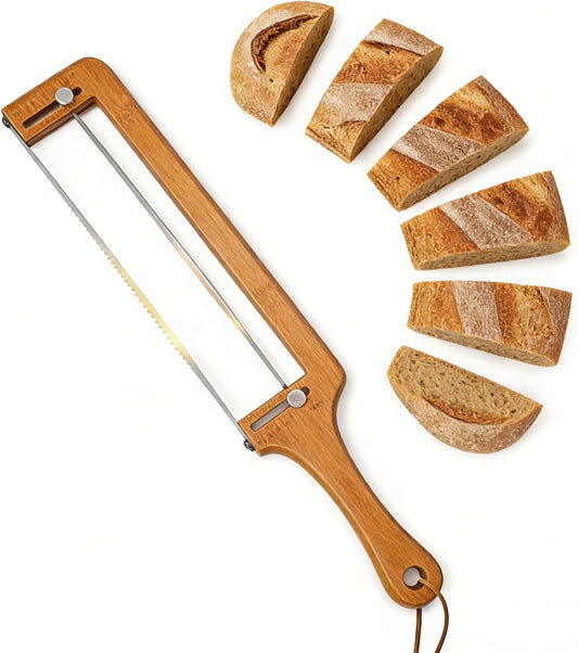 Adjustable Bread Knife for Homemade Sourdough - Precision Slicer with Thickness Guide, Serrated Stainless Steel Blade, Bow Cutter for Even Slices on Baguettes, Bagels & Sandwiches, Ideal Baker Gift