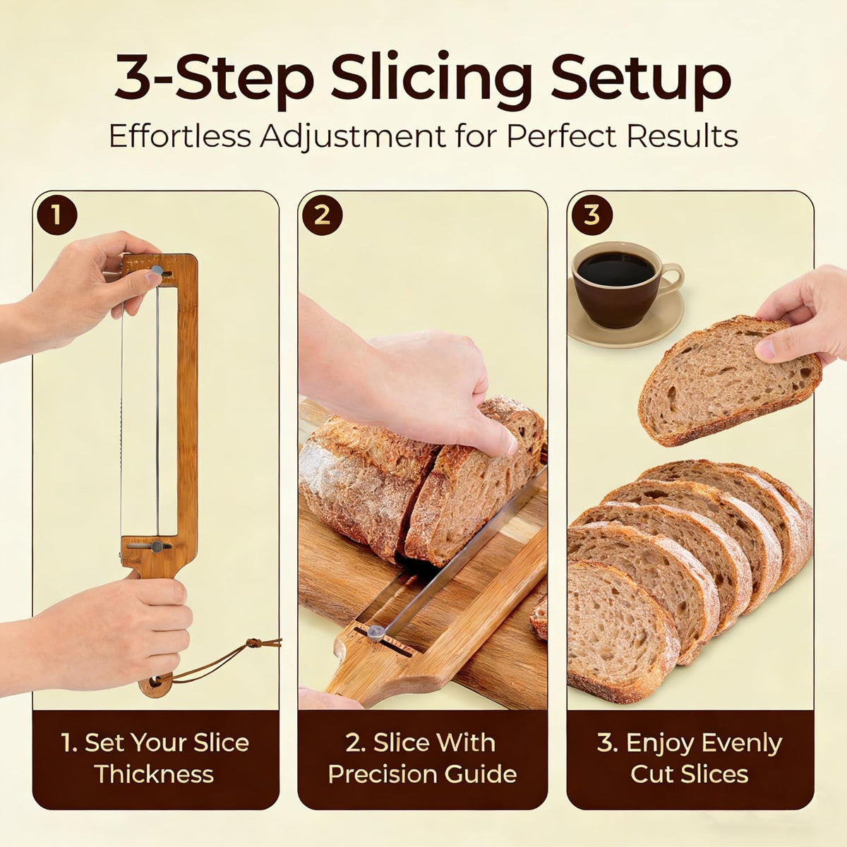 Adjustable Bread Knife for Homemade Sourdough - Precision Slicer with Thickness Guide, Serrated Stainless Steel Blade, Bow Cutter for Even Slices on Baguettes, Bagels & Sandwiches, Ideal Baker Gift