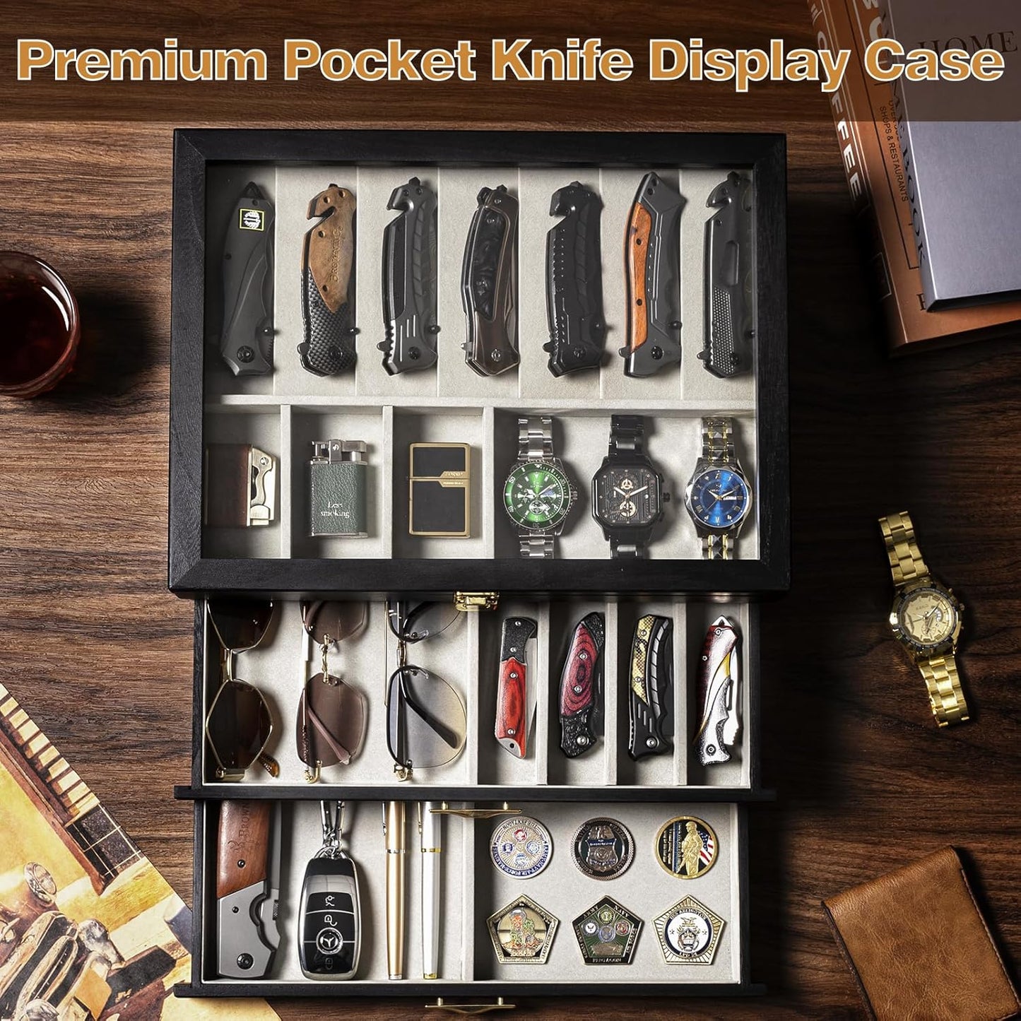 Pocket Knife Display Case for Collection of 18-24 Folding Knives, Pocket Case with Real Glass Window Top, Two-Tier Knife Organizer Storage Box, Men's Gift (Walnut)