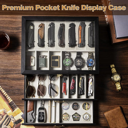 Pocket Knife Display Case for Collection of 18-24 Folding Knives, Pocket Case with Real Glass Window Top, Two-Tier Knife Organizer Storage Box, Men's Gift (Walnut)