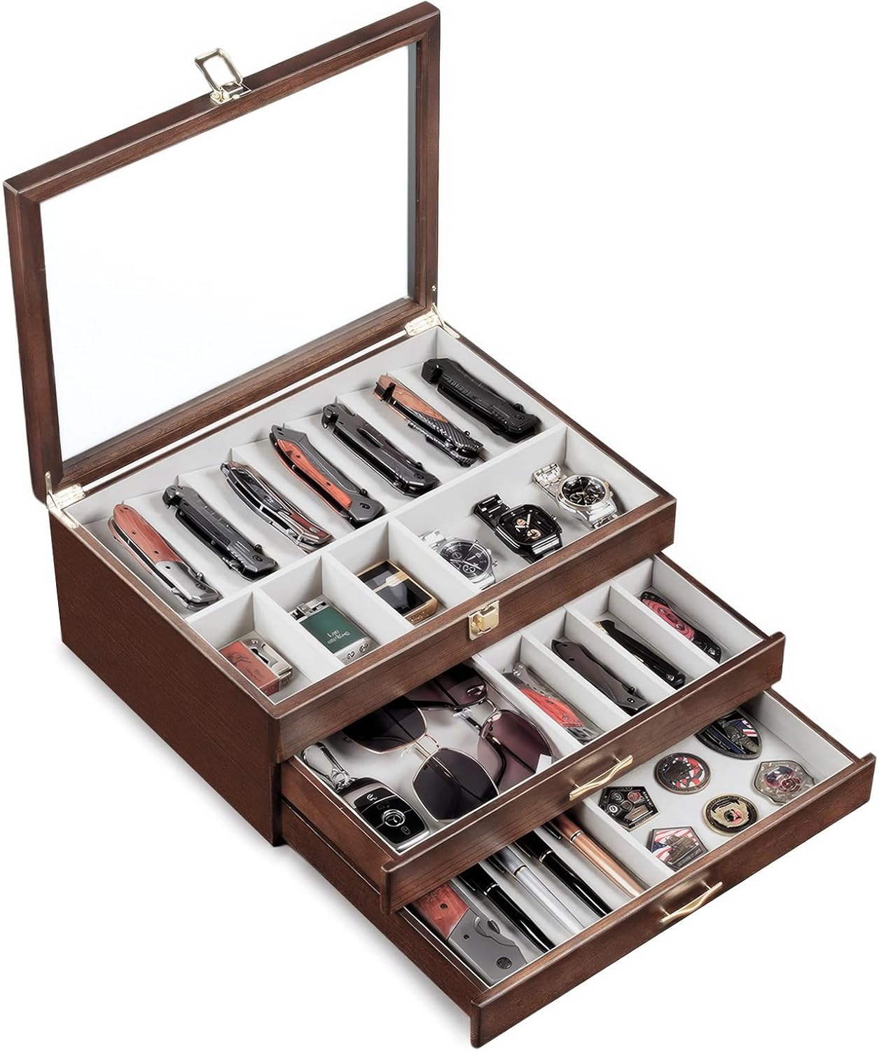 Pocket Knife Display Case for Collection of 18-24 Folding Knives, Pocket Case with Real Glass Window Top, Two-Tier Knife Organizer Storage Box, Men's Gift (Walnut)