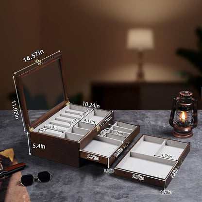 Pocket Knife Display Case for Collection of 18-24 Folding Knives, Pocket Case with Real Glass Window Top, Two-Tier Knife Organizer Storage Box, Men's Gift (Walnut)