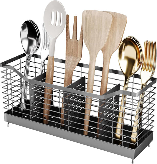 Extra Large Kitchen Utensil Holder Exquisite And Durable Kitchen Utensil Organizer，Knife Fork Spatula Utensils Drainage Rack Basket Accessories With Hooks, Rust Proof，Non-Slip Feet（4compartments）