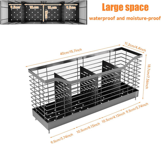 Extra Large Kitchen Utensil Holder Exquisite And Durable Kitchen Utensil Organizer，Knife Fork Spatula Utensils Drainage Rack Basket Accessories With Hooks, Rust Proof，Non-Slip Feet（4compartments）