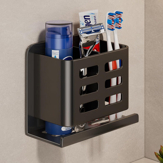 Black Toothbrush Holder wall Mount, Aluminum，No Drilling Required | Aluminum Material Shower Shaver Storage Rack,Removable Toothpaste Storage Rack