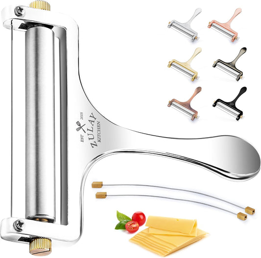 Stainless Steel Wire Cheese Slicer - Adjustable Hand Held Cheese Cutter with 2 Extra Wires - Premium Cheese Knife for Mozzarella, Cheddar, Gruyere - Cheese Cutter with Wire (Silver)