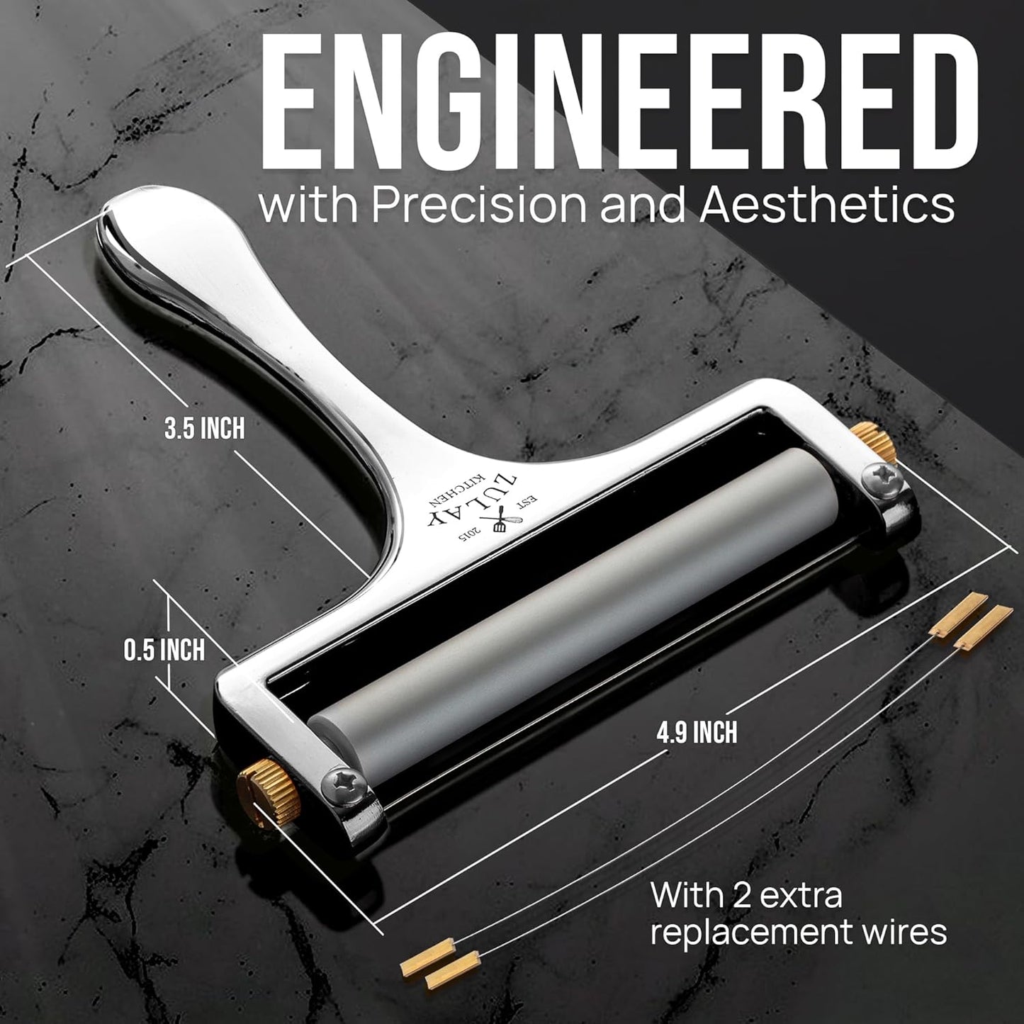 Stainless Steel Wire Cheese Slicer - Adjustable Hand Held Cheese Cutter with 2 Extra Wires - Premium Cheese Knife for Mozzarella, Cheddar, Gruyere - Cheese Cutter with Wire (Silver)