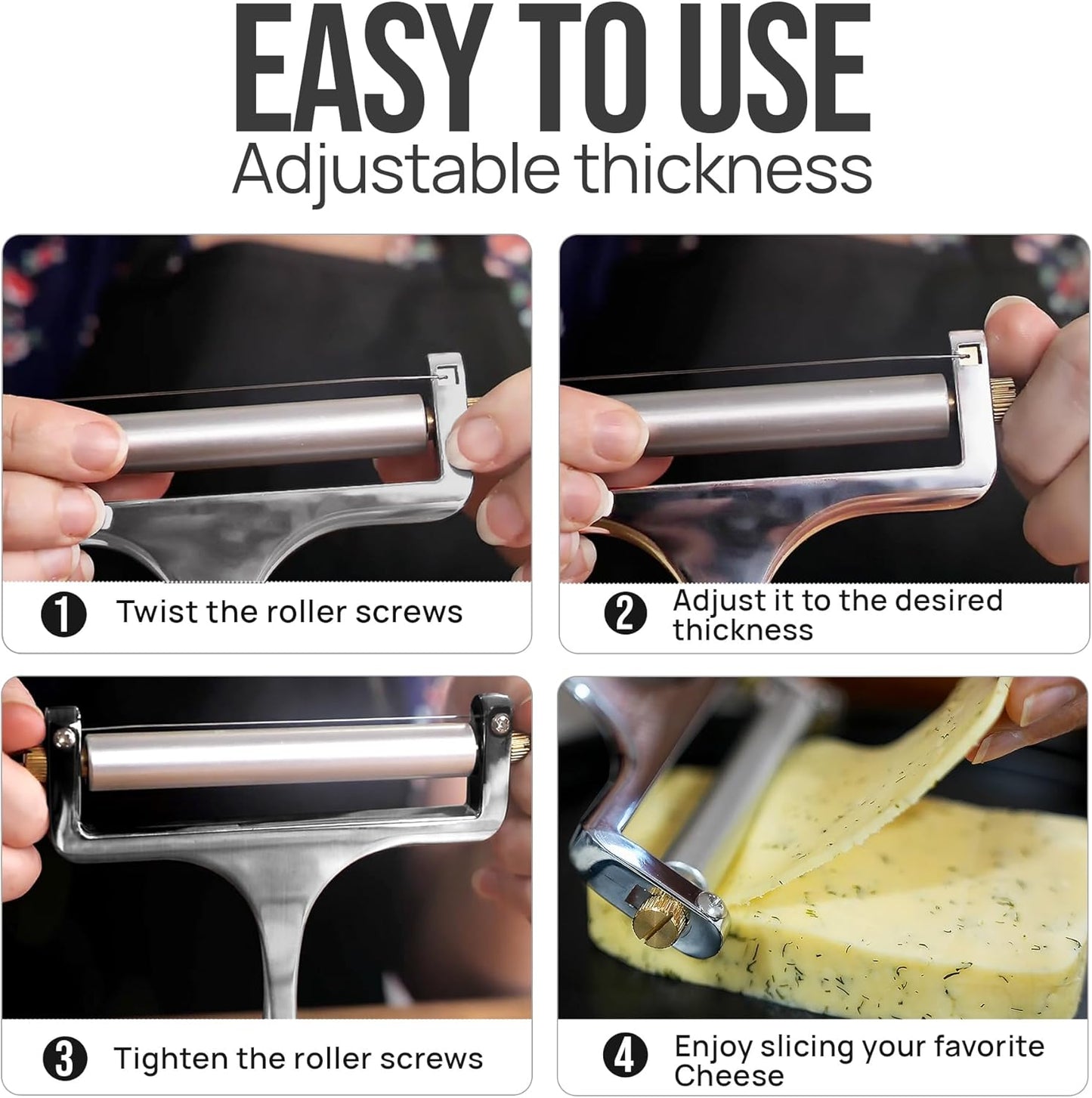 Stainless Steel Wire Cheese Slicer - Adjustable Hand Held Cheese Cutter with 2 Extra Wires - Premium Cheese Knife for Mozzarella, Cheddar, Gruyere - Cheese Cutter with Wire (Silver)