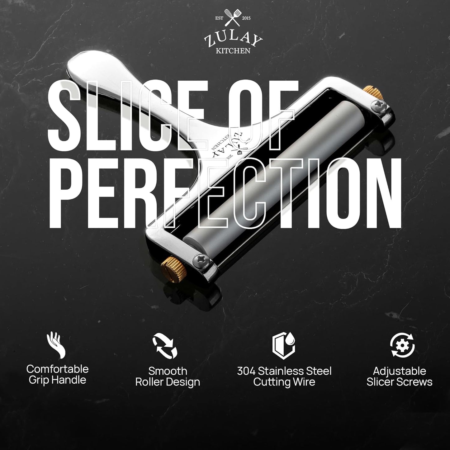 Stainless Steel Wire Cheese Slicer - Adjustable Hand Held Cheese Cutter with 2 Extra Wires - Premium Cheese Knife for Mozzarella, Cheddar, Gruyere - Cheese Cutter with Wire (Silver)