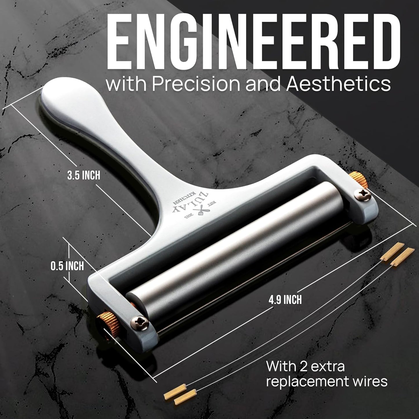 Stainless Steel Wire Cheese Slicer - Adjustable Hand Held Cheese Cutter with 2 Extra Wires - Premium Cheese Knife for Mozzarella, Cheddar, Gruyere - Cheese Cutter with Wire (Silver)